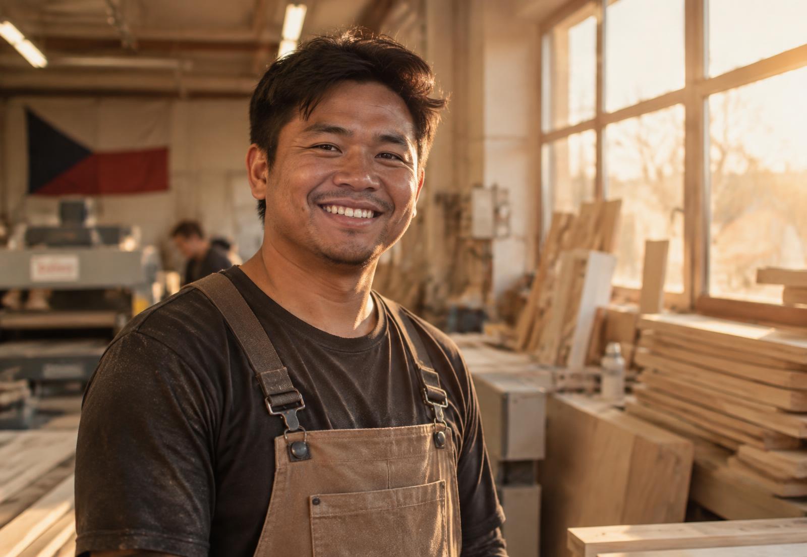 A Filipino worker smiling in a Czech workshop